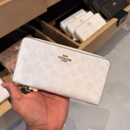 Portefeuille à zip-contour en toile Coach White