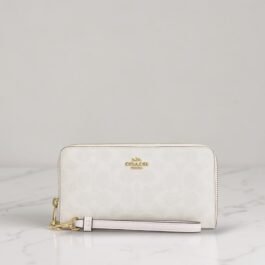 Portefeuille à zip-contour en toile Coach White